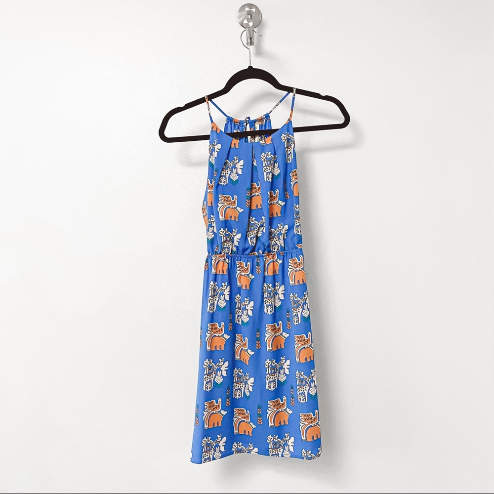 Bee Stitched Spring Boho Animal‎ Print Fun Casual Mini Dress Blue MEDIUM